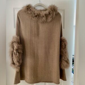 Neiman Marcus Tan Poncho with genuine fox Fur Trim